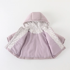 Winter puffer jacket for toddler girls in light purple featuring floral lining and hood