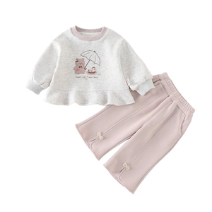 Toddler girls spring set with grey ruffle bear sweatshirt and pink bow leg trousers