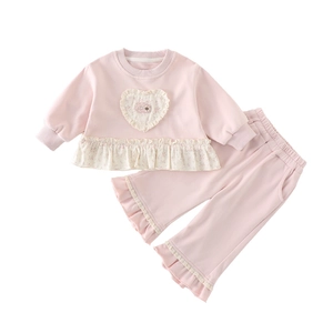 Pink toddler girls long sleeve sweatshirt and wide leg pants set with lace heart