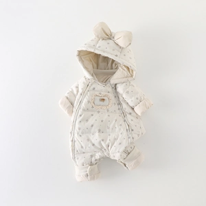Winter infant floral hooded romper with oversized bow and thick quilted padding in warm beige