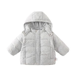 Toddler hooded down jacket in light gray with warm fleece lining and Liberta embroidery