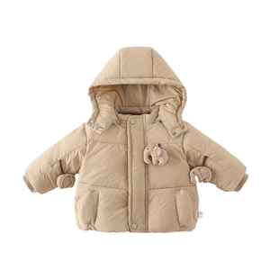 Thick beige hooded winter jacket for infants featuring cute 3D plush elephant doll accents