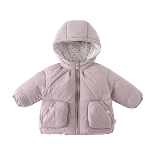 Quilted winter puffer jacket for toddler girls in pale purple with floral hood lining
