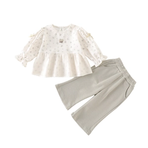 Spring baby girl floral blouse and sage green ribbed wide-leg pants two-piece set