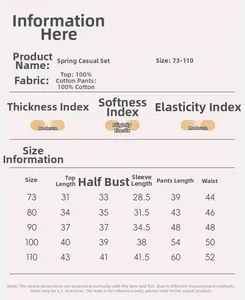 Tableau des tailles détaillé pour ensemble en coton bébé fille avec mesures et dimensions