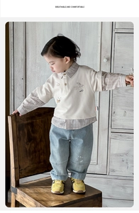 Close-up of boys faux two-piece shirt and blue denim pants with cute puppy embroidery