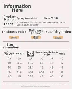 Size chart for baby boy spring 3-piece set showing detailed fabric and dimension specs