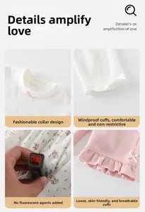 Detail of floral baby set showing lace fabric, bow accents, and fluorescent-free test result