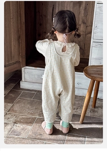Back view of toddler girl floral overall set and beige ruffled collar shirt detail