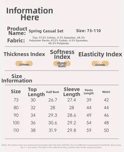 Size guide for baby girl floral outfit set detailing measurements and cotton fabric blend