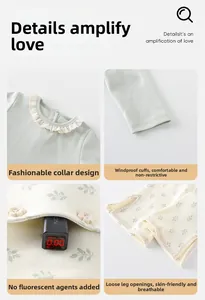 Detail of infant floral pants with lace edges and lace collar top, fluorescent-free tested