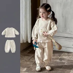 Ensemble Haut Pull et Pantalon Assorti pour Bébé Fille Style Coréen Mélange de Coton Bordure en Dentelle Motif Lapin Sweat-shirt à Manches Longues Doux