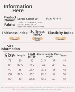 Size chart for toddler girl 3-piece spring set with cotton fabric details and measurements