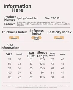 Size chart for baby girl 3-piece spring outfit including jacket, top, and flared pants
