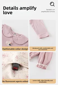 Detail views of toddler knit set showing crew neck, lace hems, and non-fluorescent fabric