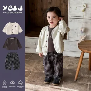 Boys Clothing Set Cotton Beige Cardigan Bear Applique Brown Top And Plaid Pants Spring Infant Toddler Fashion Outfit
