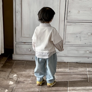 Baby boy spring outfit featuring a 2-piece faux layered shirt top and denim pants