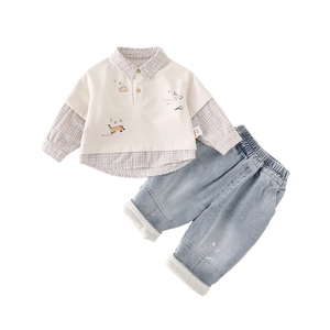 Toddler boys' false two-piece shirt sweatshirt and washed denim pants outfit set