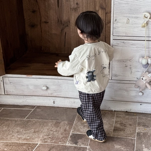Baby boy spring 3-piece set with beige jacket, plaid pants, and cute bird embroidery
