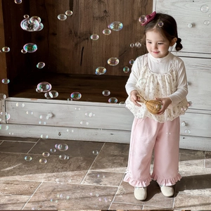 Sweet floral long-sleeve top and pink wide-leg pants for baby girls spring outfit