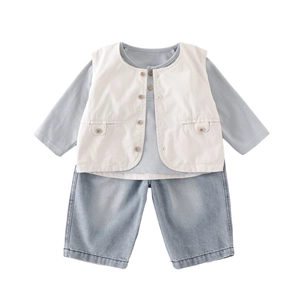 Three-piece baby boy clothing set with beige vest blue long sleeve tee and denim pants