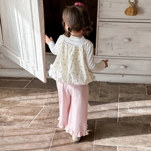 Toddler girl floral layered top and pink wide leg pants outfit set in pastoral style