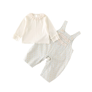Baby girl two-piece set with floral lace collar top and floral pattern dungarees