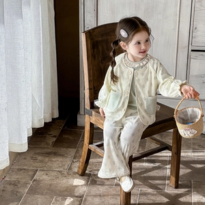 3-piece floral corduroy baby girl set with yellow jacket and matching trousers outfit