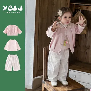 Ensemble de Vêtements de Printemps en Coton pour Bébé Fille Veste en Dentelle Haut Intérieur Et Pantalon Floral Rose Princesse Doux Vêtements Décontractés pour Tout-Petits