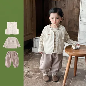 Baby Boy Corduroy Vest Striped Long Sleeve Shirt And Pants Outfit Toddler Kids Clothes Cotton Blend Soft Casual Vintage Clothing
