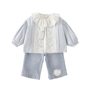 Completo primavera 3 pezzi bambina con camicia in pizzo blu e pantaloni lunghi abbinati