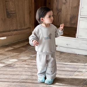 Baby Jungen Herbst-Set in Hellgrau mit süßem Hundemuster und lässiger Jogginghose