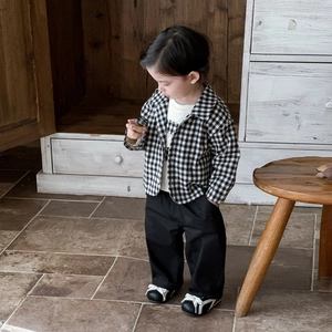 Baby boy 3-piece set with white plaid shirt jacket, white t-shirt and black pants