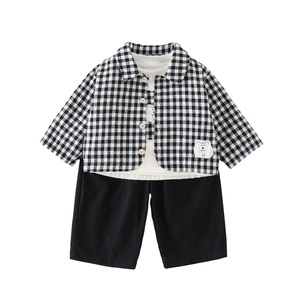 Baby boys 3-piece spring set with plaid shirt, bear print t-shirt and black shorts