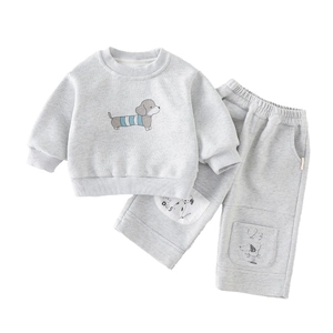 Baby Jungen Frühling hellgrau Trainingsanzug Set mit süßem blauem Welpen Karikatur Druck