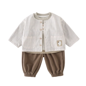 Completo 3 pezzi neonato maschietto con cardigan a quadri e pantaloni in cotone