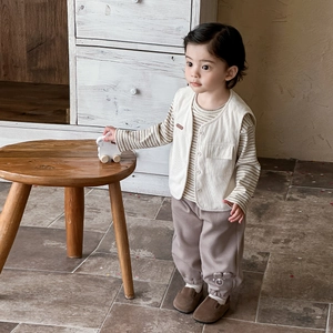 Three-piece spring set for toddler boys with corduroy vest, striped shirt, and bear pants