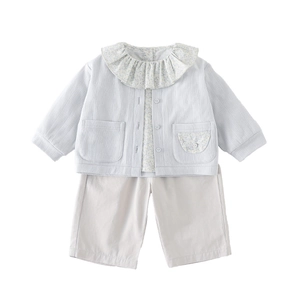 Baby girl two-piece outfit with light blue floral collar cardigan and beige cotton pants