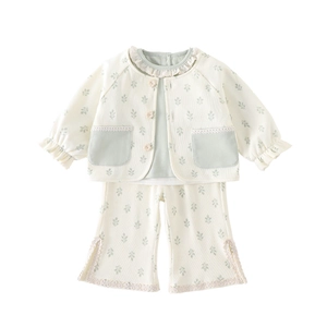 Baby girl floral three-piece outfit with cream cardigan, green top and flare pants