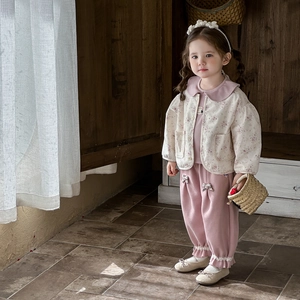 Baby girl 3-piece floral quilted cardigan set with pink long sleeve top and pants