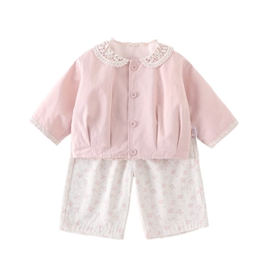 Ensemble cardigan rose avec col en dentelle et pantalon à fleurs pour petite fille