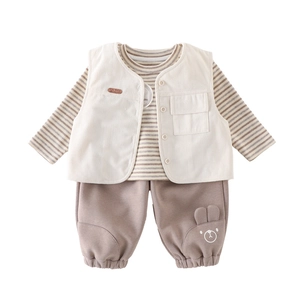 Three-piece baby boy spring set with beige striped top, corduroy vest and cartoon pants