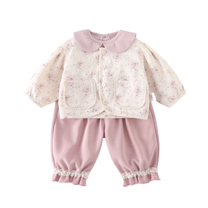 Infant girl floral long sleeve top and pink trousers two-piece set in Korean style