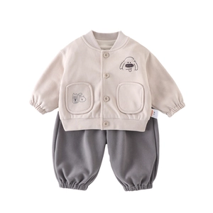 Ensemble deux pièces pour bébé style coréen avec gilet ours et pantalon décontracté gris