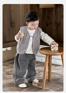 Detail of boys plaid vest suit with puppy print long sleeve tee and casual grey pants