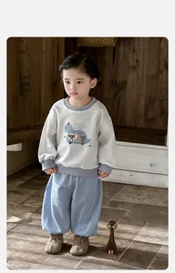 Dettaglio del set felpa con stampa dinosauro e pantaloni da bambino in stile rétro