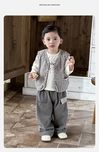 Detail view of boys' autumn set featuring a plaid vest and bear print long sleeve shirt