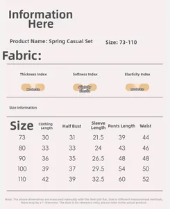 Size chart for baby girl spring casual set including top and pants dimensions from 73 to 110