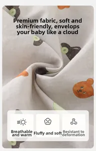 Close-up of soft cotton baby fabric with cartoon bears and avocado digital prints