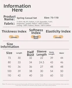 Size chart showing fabric composition and measurements for boys' three-piece cotton set